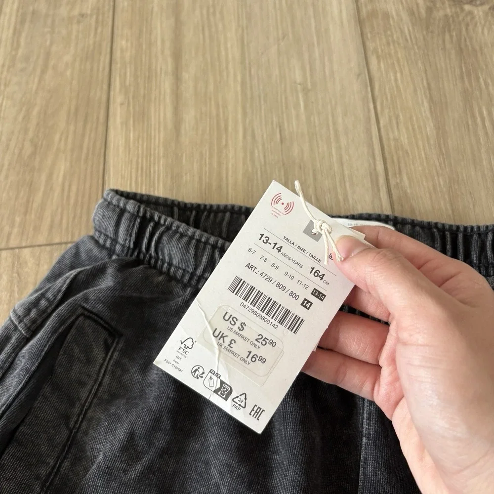 NWT‎ Zara Jogger Pants Kids 13/14 Gray Terry Cargo Pockets Elastic Waist Zip Hem
